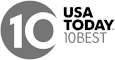 Logo featuring the text "USA TODAY 10BEST" next to a circular shape with the number 10 inside it.