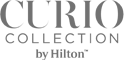 The image is a logo for "Curio Collection by Hilton," featuring the brand name in a stylized font.