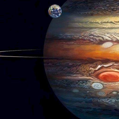 An artistic depiction of Jupiter with its Great Red Spot, accompanied by a smaller Earth-like planet in the background.