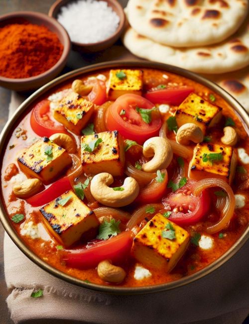 A vibrant curry with paneer, tomatoes, peppers, onions, cashews, and spices, served with naan and a side of chutney.
