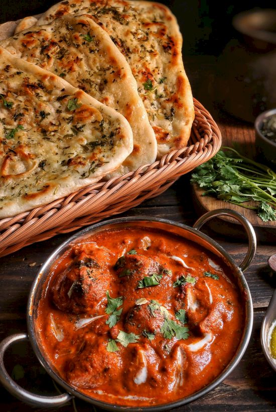 Fresh garlic naan with herb butter pairs with a rich, tomato-based curry (likely butter chicken) and a squeeze of lemon on the side.