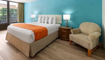 A modern hotel room with a bed, orange blanket, two lamps, armchair, blue accent wall, and large window with curtains.