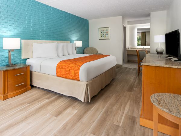 A hotel room with a bed, teal accent wall, nightstands, desk, chair, TV, and bathroom area in the background, all on wooden flooring.