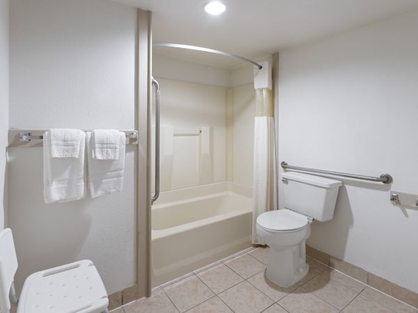 The image shows an accessible bathroom with a shower-tub, toilet, grab bars, a shower chair, and towels on a rack.