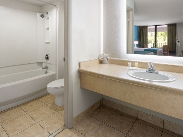 A modern hotel bathroom with toilet, bathtub, and a vanity sink under a large mirror.